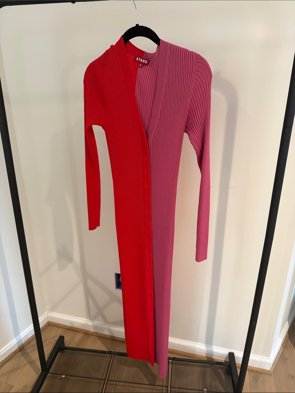 STAUD Two-Tone Red & Pink Ribbed Button-Front Maxi Dress